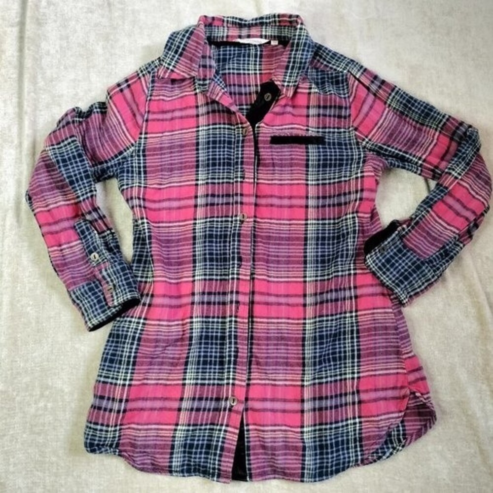 Soft Surroundings Pink Highlands Plaid Flannel Buttondown Shirt Size PXS